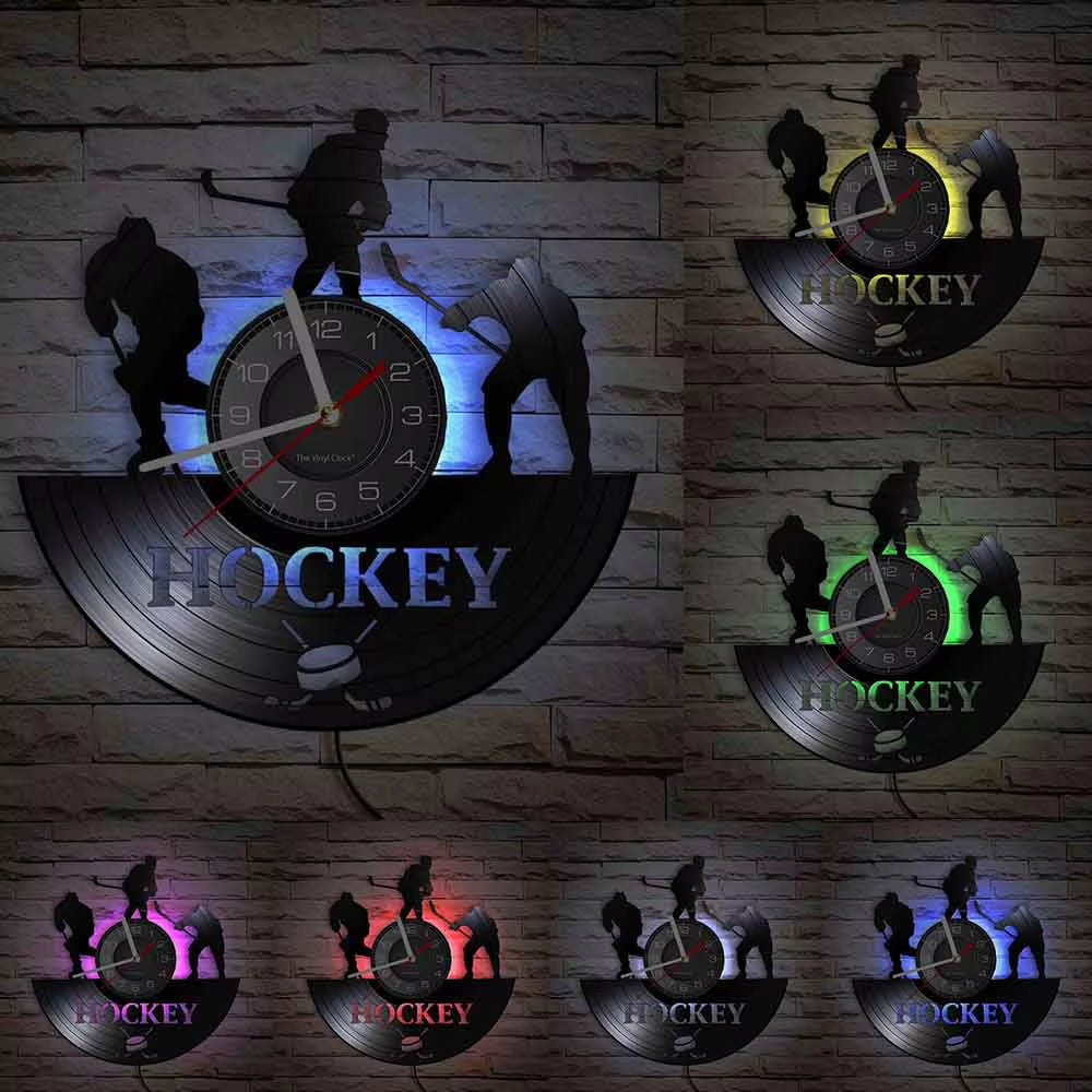 Hockey Man Cave Wall Decor Clock Watch Hockey Club Team Logo Hockey Sticks and Puck Vinyl Record Wall Clock Hockey Fans Gift