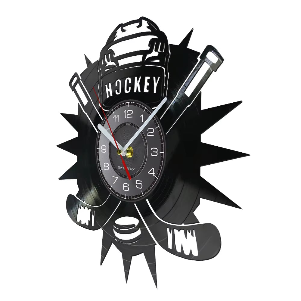 Hockey Man Cave Wall Decor Clock Watch Hockey Club Team Logo Hockey Sticks and Puck Vinyl Record Wall Clock Hockey Fans Gift