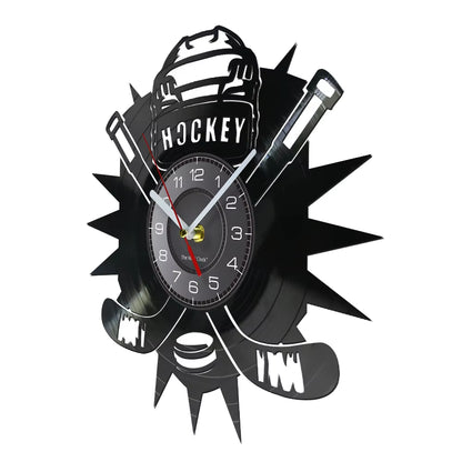 Hockey Man Cave Wall Decor Clock Watch Hockey Club Team Logo Hockey Sticks and Puck Vinyl Record Wall Clock Hockey Fans Gift