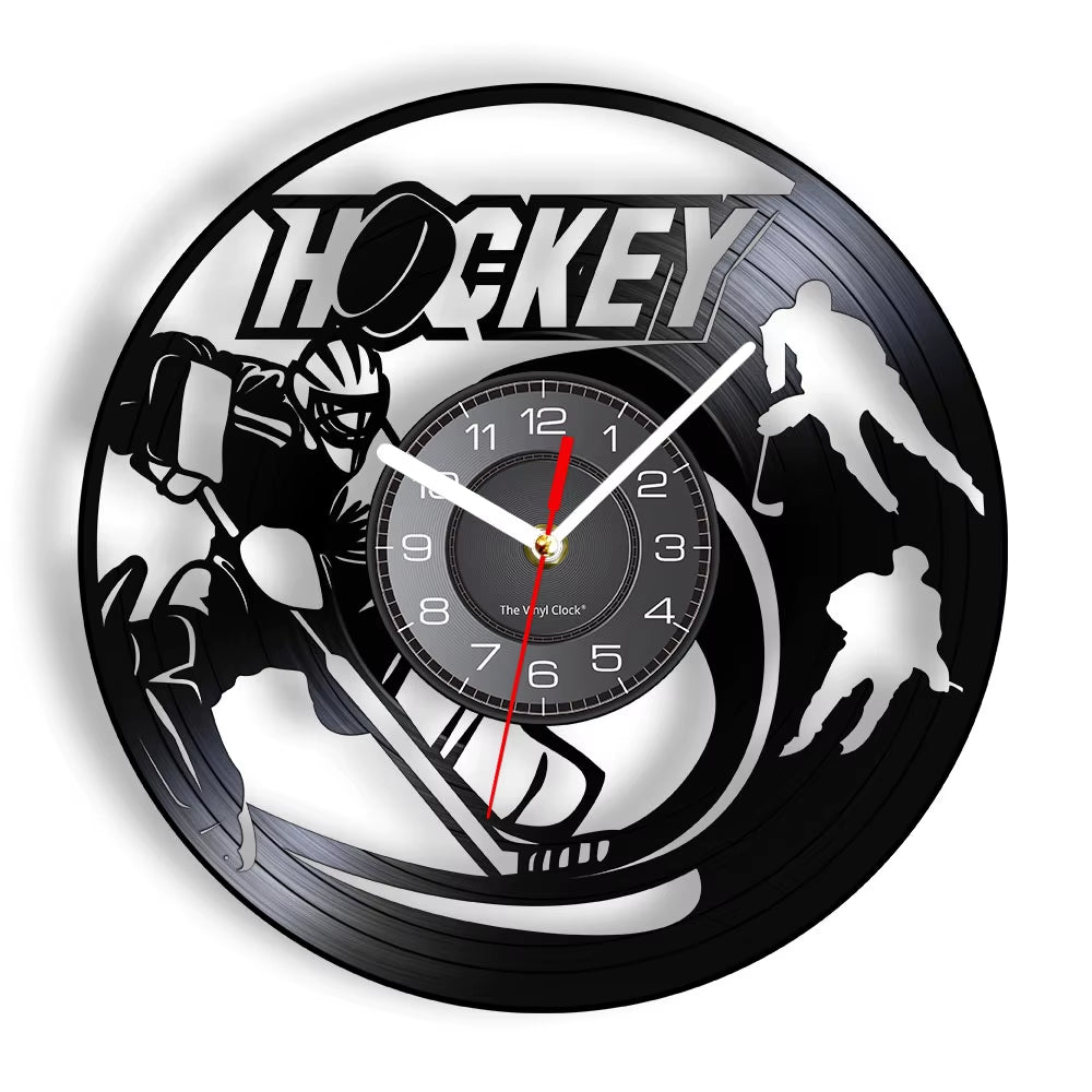 Hockey Man Cave Wall Decor Clock Watch Hockey Club Team Logo Hockey Sticks and Puck Vinyl Record Wall Clock Hockey Fans Gift