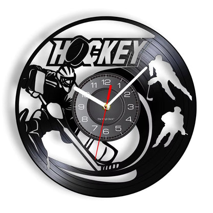 Hockey Man Cave Wall Decor Clock Watch Hockey Club Team Logo Hockey Sticks and Puck Vinyl Record Wall Clock Hockey Fans Gift