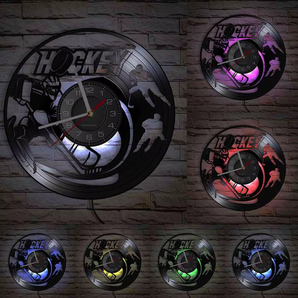 Hockey Man Cave Wall Decor Clock Watch Hockey Club Team Logo Hockey Sticks and Puck Vinyl Record Wall Clock Hockey Fans Gift