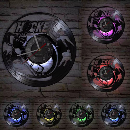 Hockey Man Cave Wall Decor Clock Watch Hockey Club Team Logo Hockey Sticks and Puck Vinyl Record Wall Clock Hockey Fans Gift