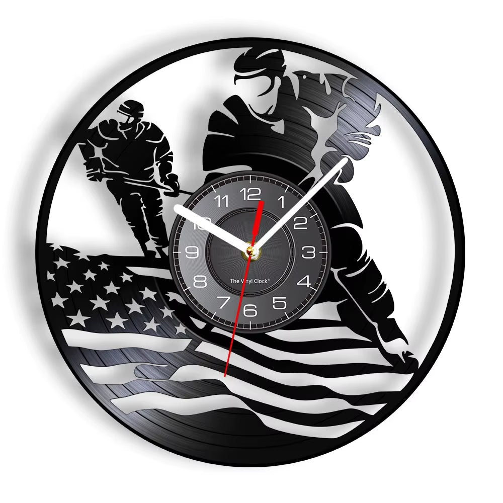 Hockey Man Cave Wall Decor Clock Watch Hockey Club Team Logo Hockey Sticks and Puck Vinyl Record Wall Clock Hockey Fans Gift