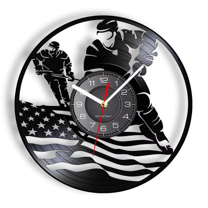 Hockey Man Cave Wall Decor Clock Watch Hockey Club Team Logo Hockey Sticks and Puck Vinyl Record Wall Clock Hockey Fans Gift
