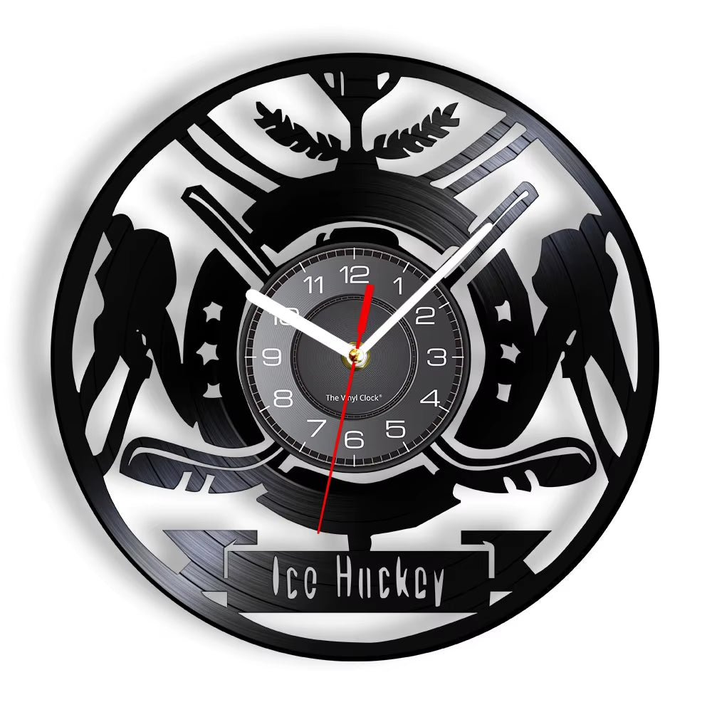 Hockey Man Cave Wall Decor Clock Watch Hockey Club Team Logo Hockey Sticks and Puck Vinyl Record Wall Clock Hockey Fans Gift
