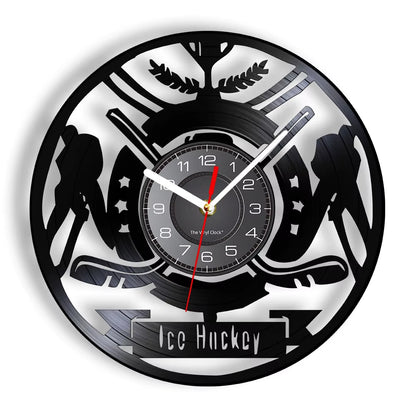 Hockey Man Cave Wall Decor Clock Watch Hockey Club Team Logo Hockey Sticks and Puck Vinyl Record Wall Clock Hockey Fans Gift
