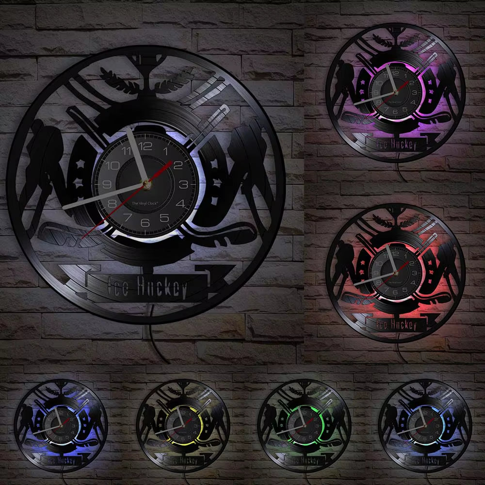 Hockey Man Cave Wall Decor Clock Watch Hockey Club Team Logo Hockey Sticks and Puck Vinyl Record Wall Clock Hockey Fans Gift