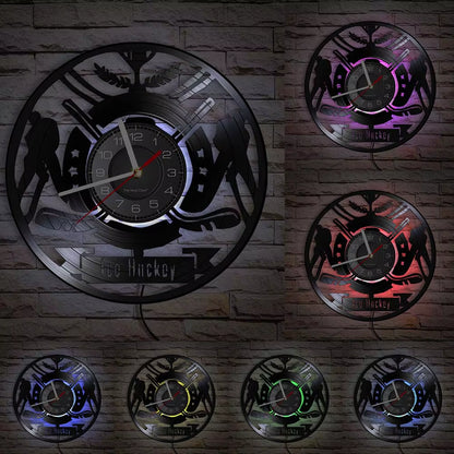 Hockey Man Cave Wall Decor Clock Watch Hockey Club Team Logo Hockey Sticks and Puck Vinyl Record Wall Clock Hockey Fans Gift