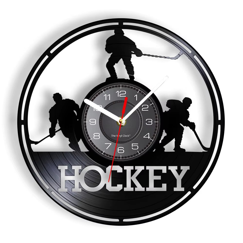 Hockey Man Cave Wall Decor Clock Watch Hockey Club Team Logo Hockey Sticks and Puck Vinyl Record Wall Clock Hockey Fans Gift