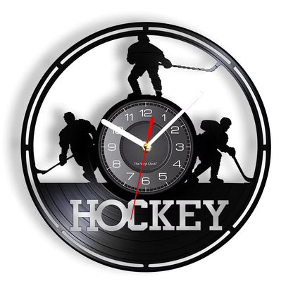 Hockey Man Cave Wall Decor Clock Watch Hockey Club Team Logo Hockey Sticks and Puck Vinyl Record Wall Clock Hockey Fans Gift