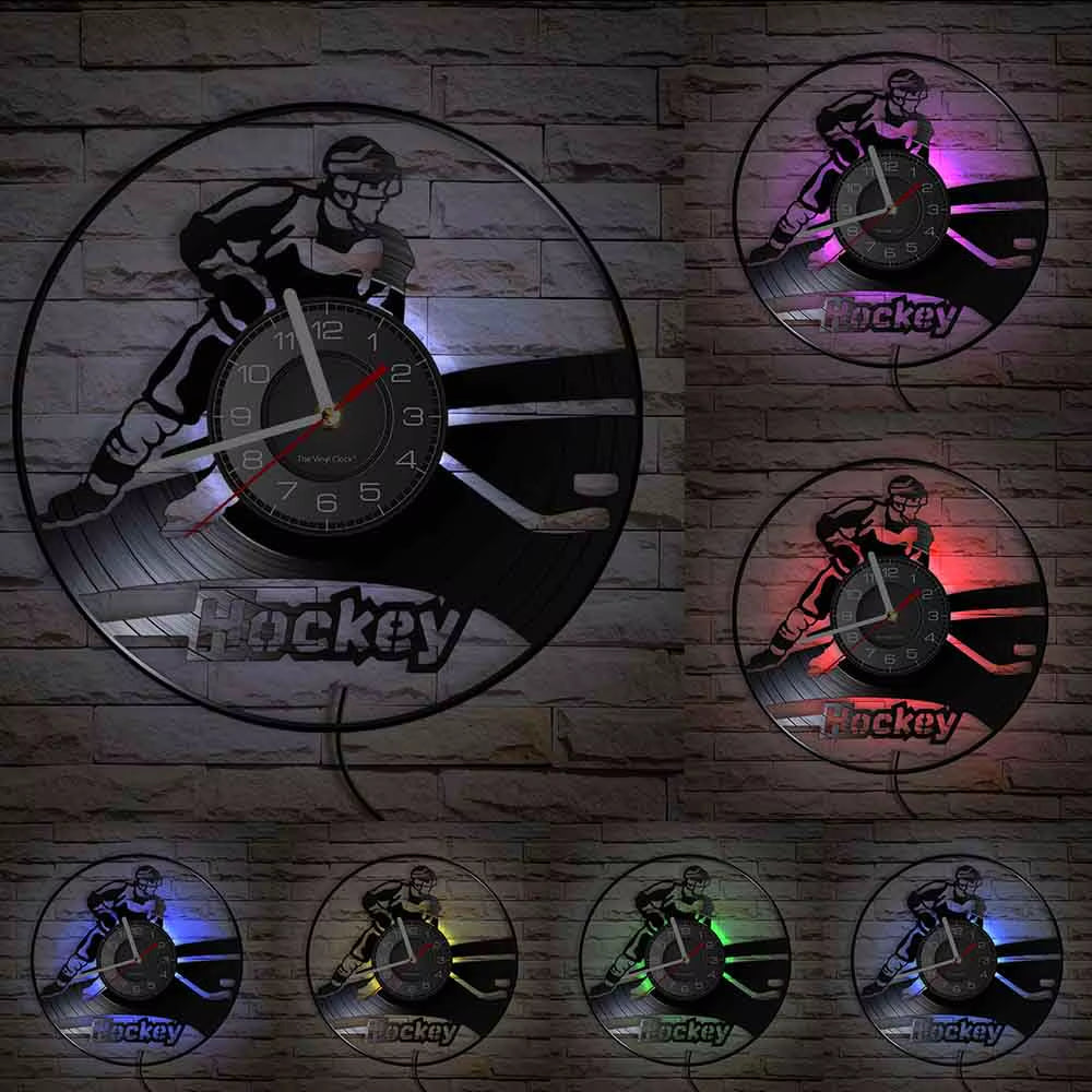 Hockey Man Cave Wall Decor Clock Watch Hockey Club Team Logo Hockey Sticks and Puck Vinyl Record Wall Clock Hockey Fans Gift
