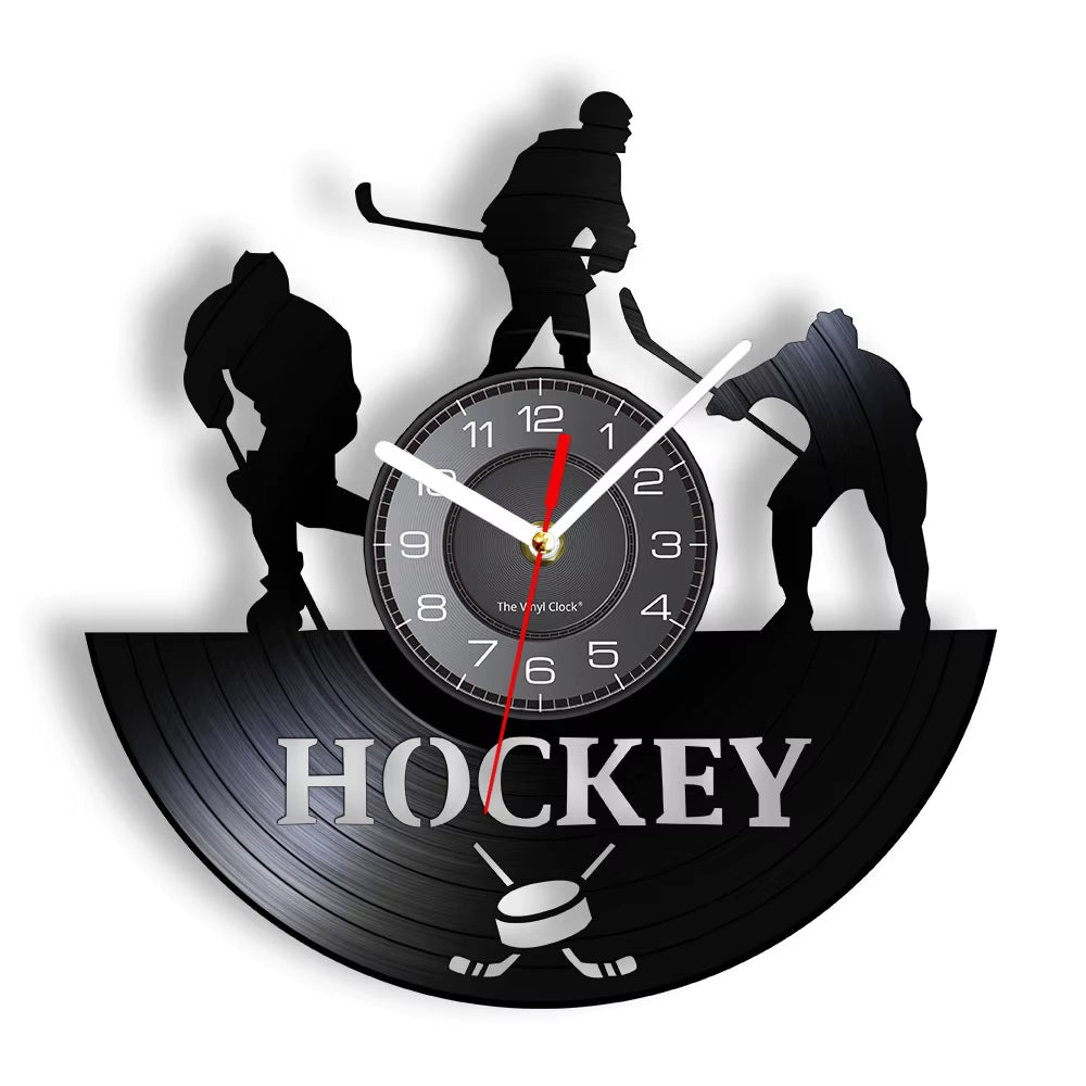 Hockey Man Cave Wall Decor Clock Watch Hockey Club Team Logo Hockey Sticks and Puck Vinyl Record Wall Clock Hockey Fans Gift