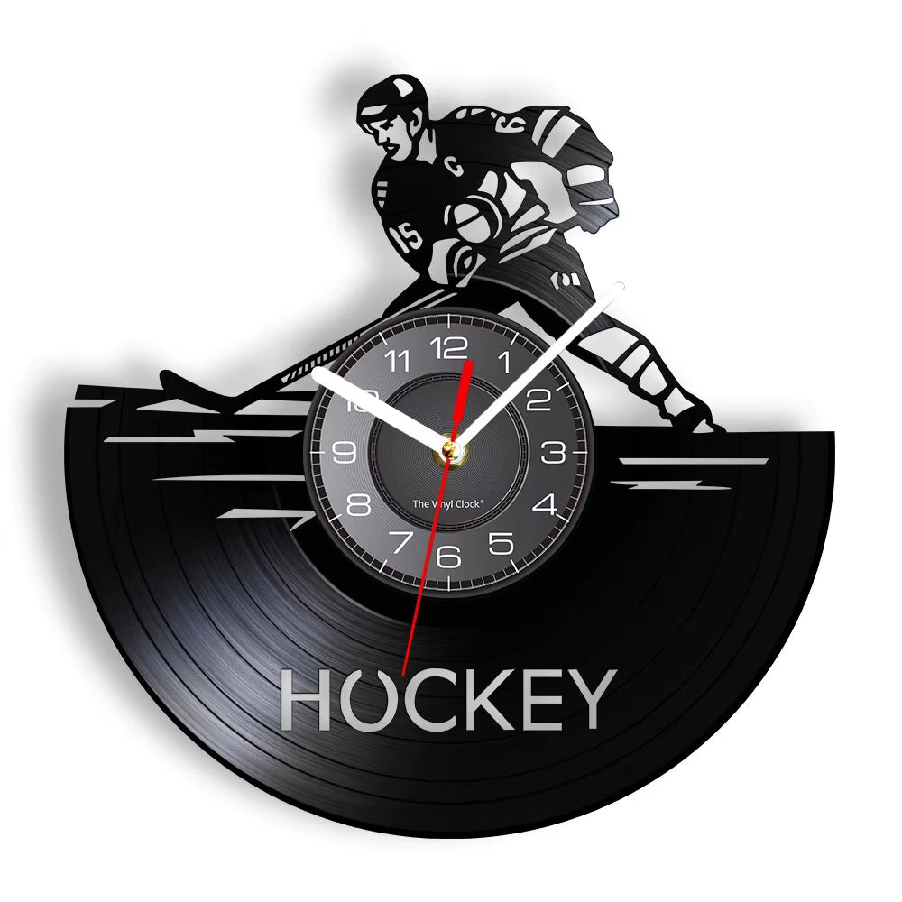 Hockey Man Cave Wall Decor Clock Watch Hockey Club Team Logo Hockey Sticks and Puck Vinyl Record Wall Clock Hockey Fans Gift