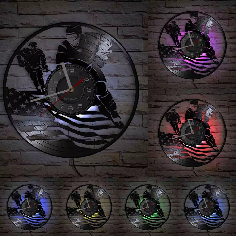 Hockey Man Cave Wall Decor Clock Watch Hockey Club Team Logo Hockey Sticks and Puck Vinyl Record Wall Clock Hockey Fans Gift