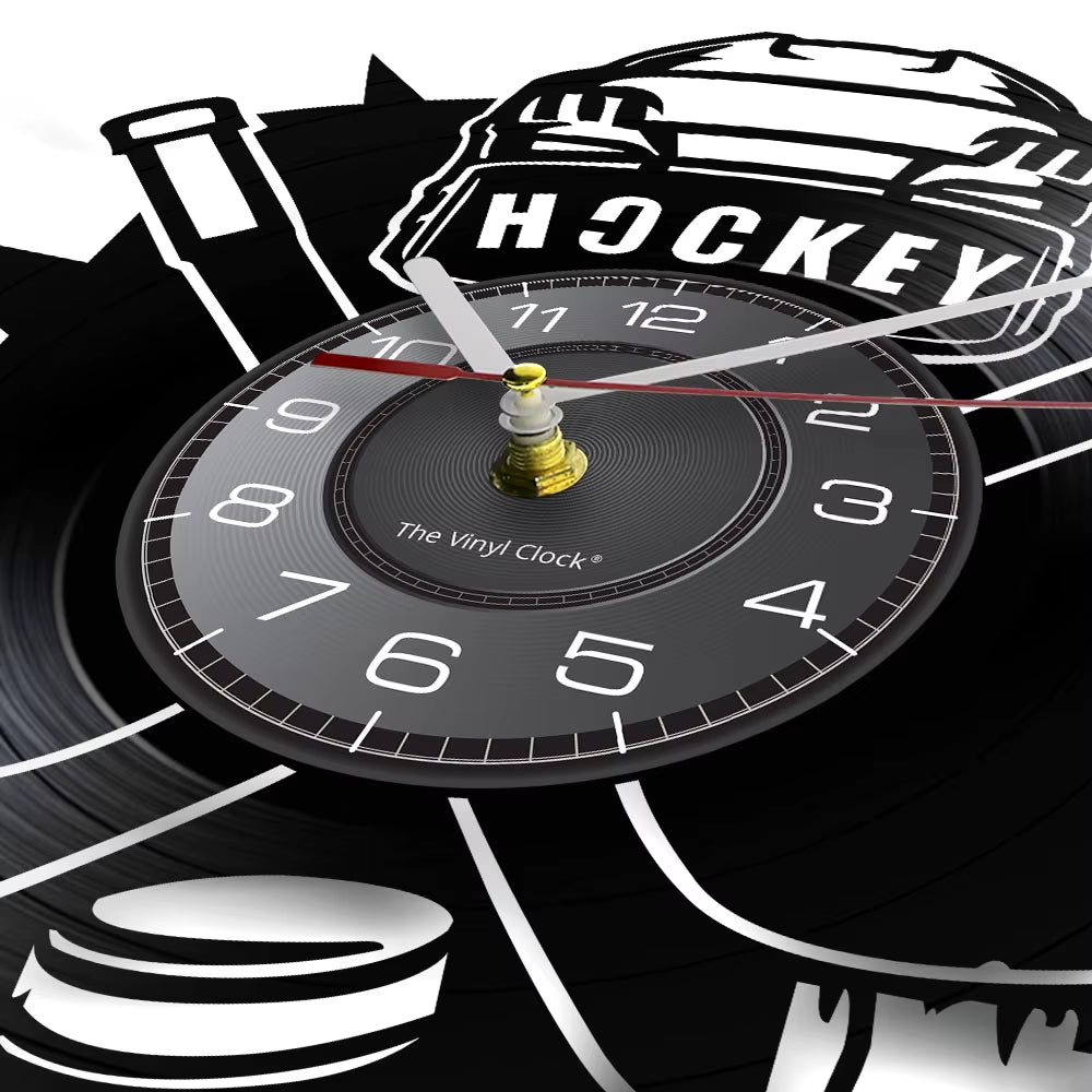 Hockey Man Cave Wall Decor Clock Watch Hockey Club Team Logo Hockey Sticks and Puck Vinyl Record Wall Clock Hockey Fans Gift
