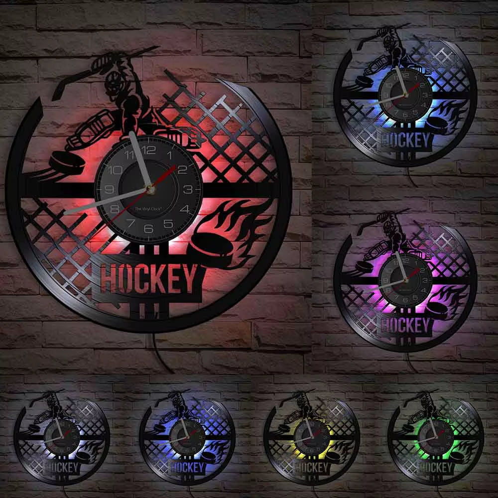 Hockey Man Cave Wall Decor Clock Watch Hockey Club Team Logo Hockey Sticks and Puck Vinyl Record Wall Clock Hockey Fans Gift