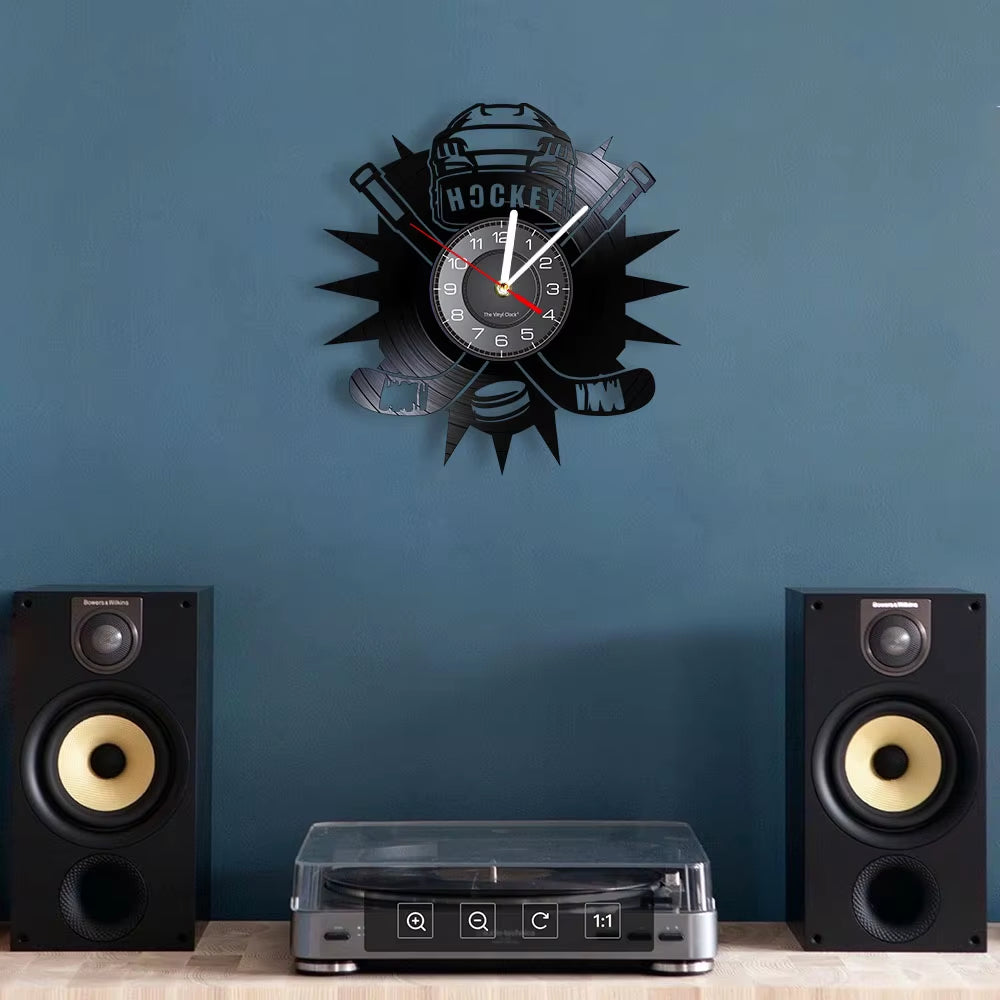 Hockey Man Cave Wall Decor Clock Watch Hockey Club Team Logo Hockey Sticks and Puck Vinyl Record Wall Clock Hockey Fans Gift