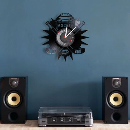 Hockey Man Cave Wall Decor Clock Watch Hockey Club Team Logo Hockey Sticks and Puck Vinyl Record Wall Clock Hockey Fans Gift