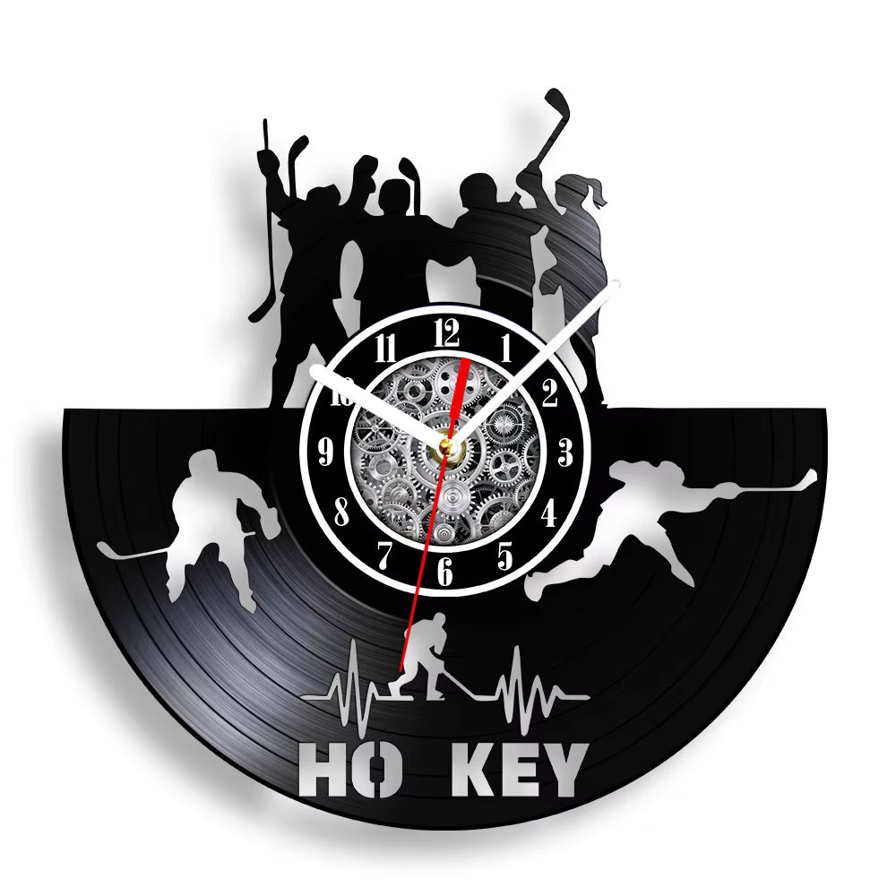 Hockey Man Cave Wall Decor Clock Watch Hockey Club Team Logo Hockey Sticks and Puck Vinyl Record Wall Clock Hockey Fans Gift