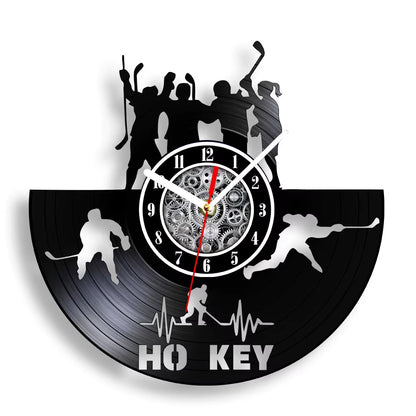 Hockey Man Cave Wall Decor Clock Watch Hockey Club Team Logo Hockey Sticks and Puck Vinyl Record Wall Clock Hockey Fans Gift