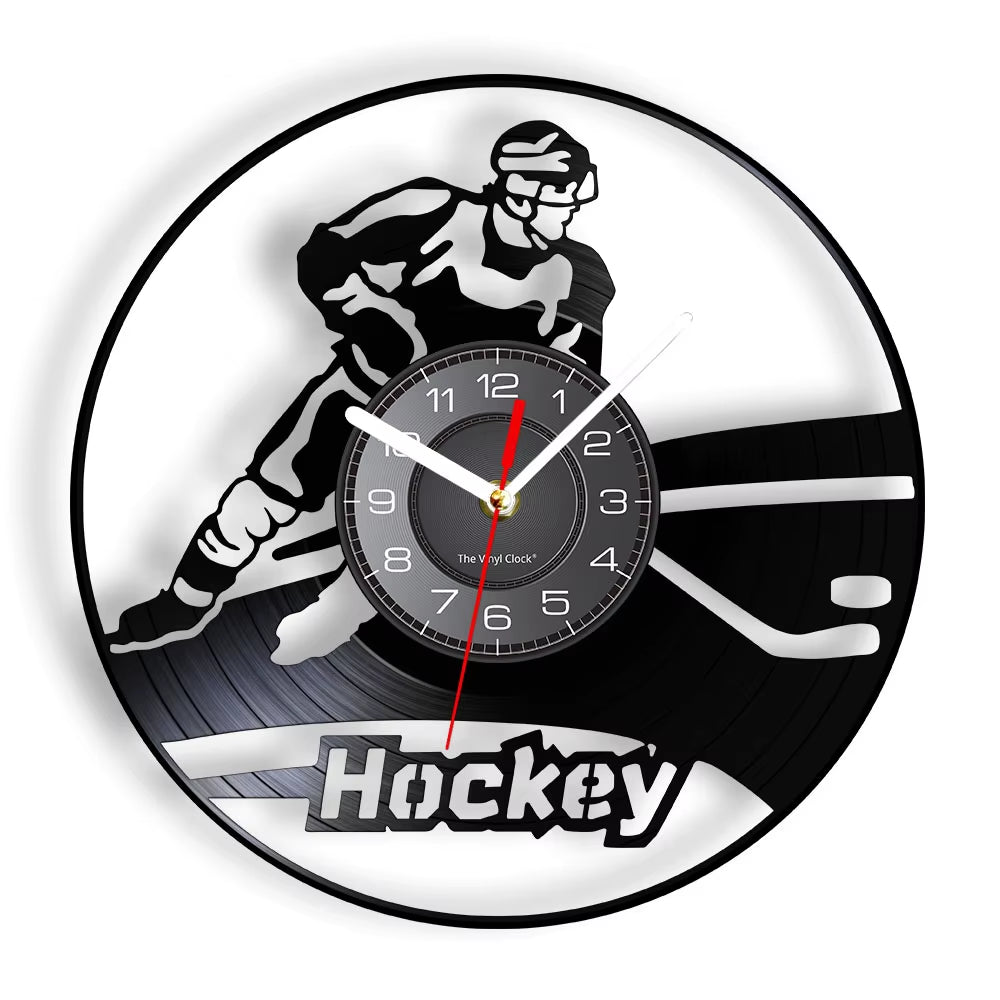 Hockey Man Cave Wall Decor Clock Watch Hockey Club Team Logo Hockey Sticks and Puck Vinyl Record Wall Clock Hockey Fans Gift