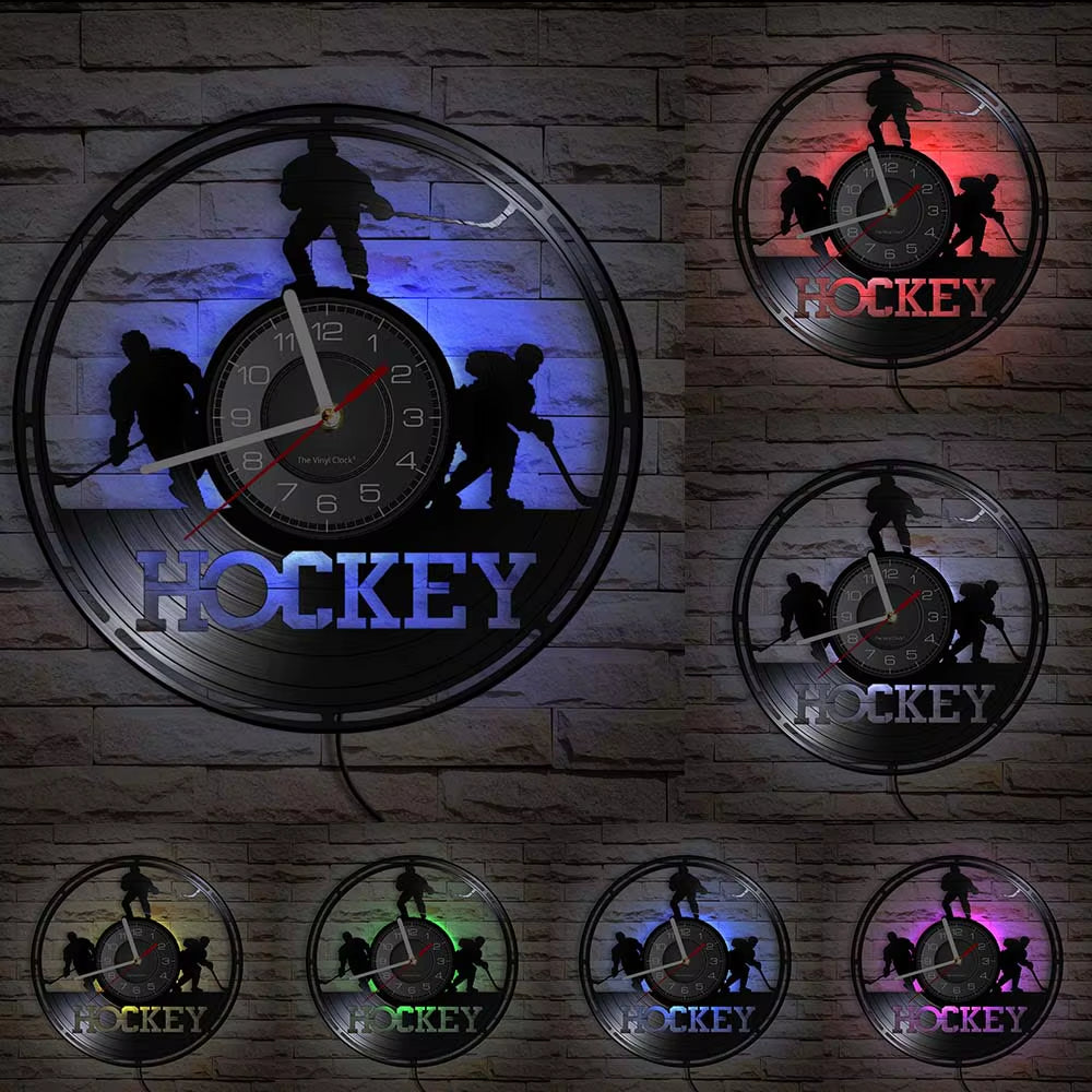 Hockey Man Cave Wall Decor Clock Watch Hockey Club Team Logo Hockey Sticks and Puck Vinyl Record Wall Clock Hockey Fans Gift