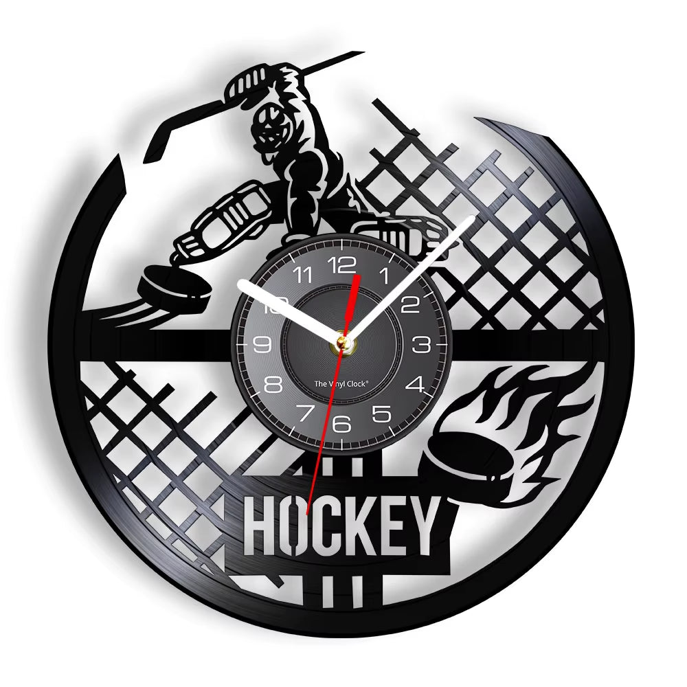 Hockey Man Cave Wall Decor Clock Watch Hockey Club Team Logo Hockey Sticks and Puck Vinyl Record Wall Clock Hockey Fans Gift