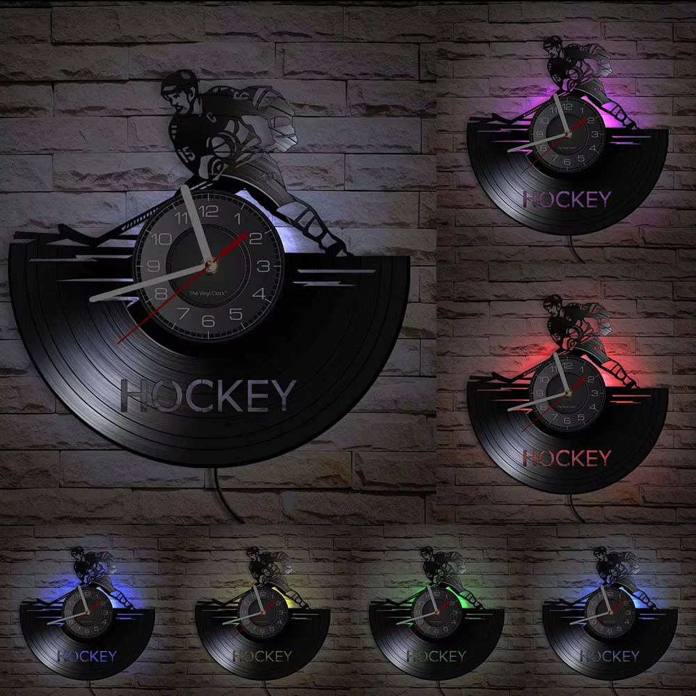 Hockey Man Cave Wall Decor Clock Watch Hockey Club Team Logo Hockey Sticks and Puck Vinyl Record Wall Clock Hockey Fans Gift